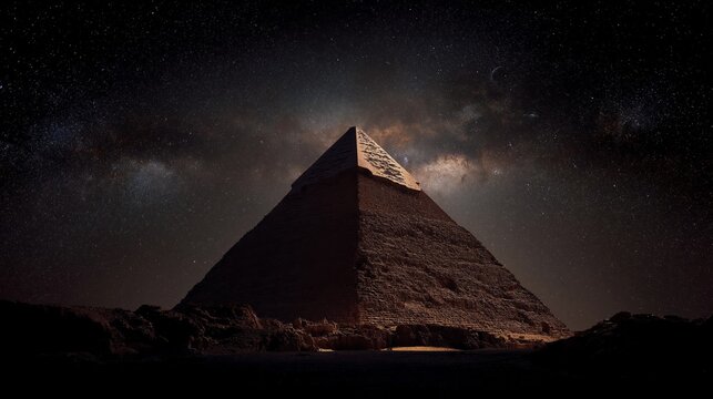 Ancient Pyramid Under Starlit Sky: A majestic pyramid stands silhouetted against a breathtaking backdrop of a starlit night. The grandeur and mystery of ancient architecture.