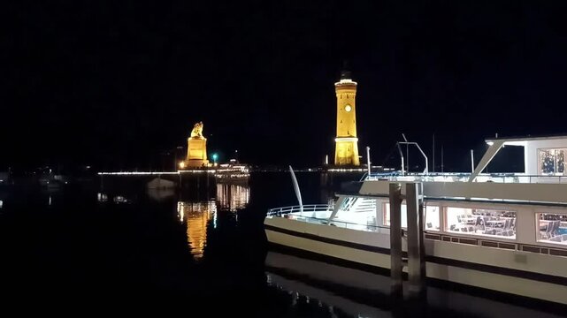 Lindau, Germany: Night view of the illuminated New Lighthouse and Bavarian Lion statue at the harbor entrance on Lake Constance, seen from a pier next to a passenger ship