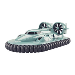 Light blue hovercraft vehicle with twin propellers, designed for amphibious travel, isolated on transparent background