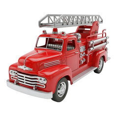 Red toy fire truck with an extendable ladder, emergency vehicle model, isolated on transparent background