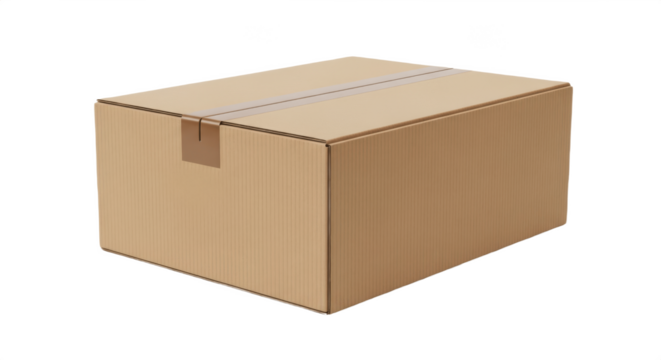 Blank Brown Cardboard Shipping Box Closed with Tape, Isolated PNG on Transparent Background