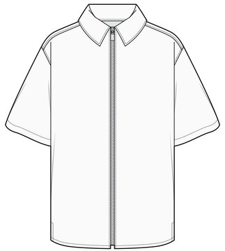 mens short sleeve zip through work shirt flat sketch vector illustration technical cad drawing template