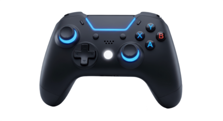 Black Wireless Gaming Controller with Blue Joysticks and LED Light, Isolated PNG on Transparent Background
