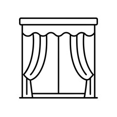 Outline drawing of a window with curtains and frame on transparent background
