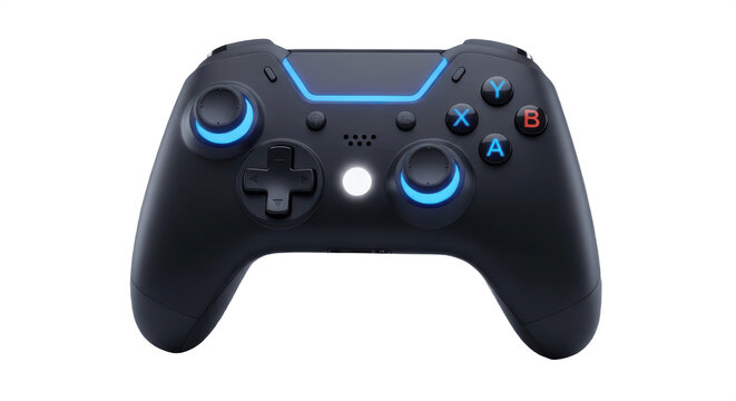Black Wireless Gaming Controller with Blue Joysticks and LED Light, Isolated PNG on Transparent Background
