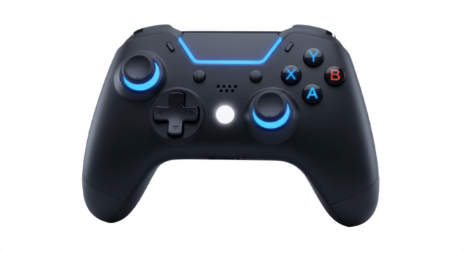 Black Wireless Gaming Controller with Blue Joysticks and LED Light, Isolated PNG on Transparent Background