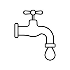 Outline drawing of a faucet with a water droplet on transparent background