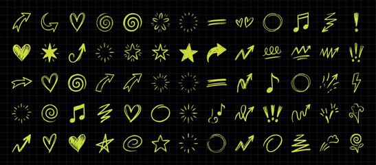 Neon yellow hand drawn doodle vector elements set. on a dark grid background