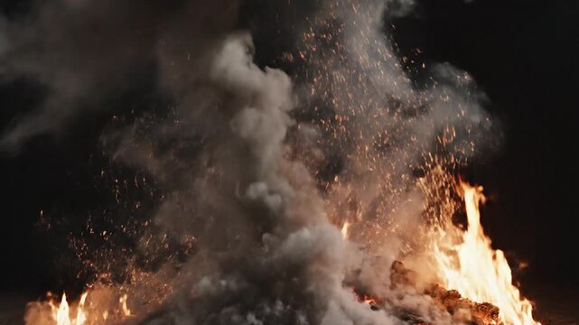 Massive Fire and Smoke Plume Erupting in the Dark, Creating a Dramatic and Intense Scene of Destruction and Chaos.