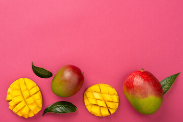 Flat lay with mango on color background, top view