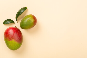 Flat lay with mango on color background, top view