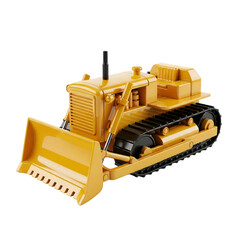 Yellow toy bulldozer with front blade and track wheels, ready for construction play, isolated on transparent background