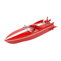 Sleek red speed boat with white stripes, ready for racing and water sports, isolated on transparent background