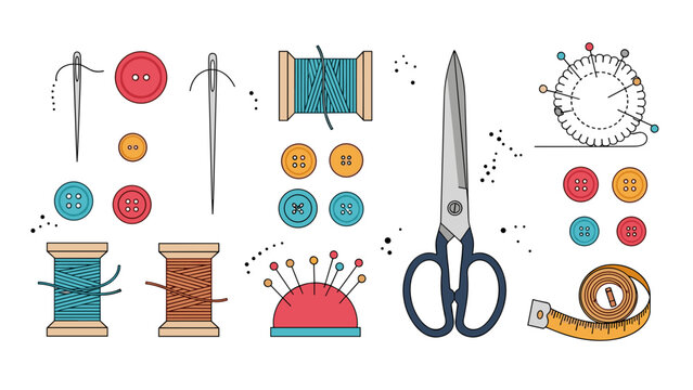 Set of sewing tool and supply icons including needle, thread, button, scissor, and tape measure