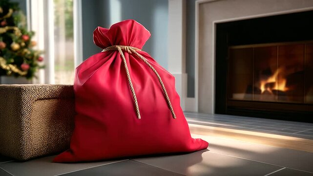 Santa&rsquo;s sack placed perfectly beside a fireplace, photographed like a commercial product display, soft backlight and clean shadows, with copy space