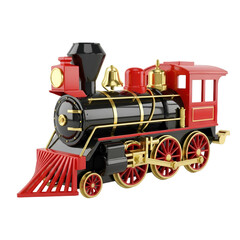 Classic black and red toy steam train locomotive with golden details, isolated on transparent background