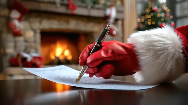 Isolated product-style image of Santa&rsquo;s glove holding a list and pen near the fireplace, crisp neutral lighting, premium clarity, with copy space