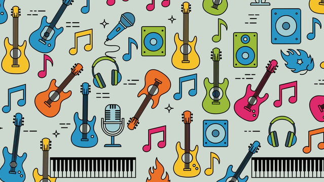 Seamless pattern background with colorful musical instrument icons and music note elements
