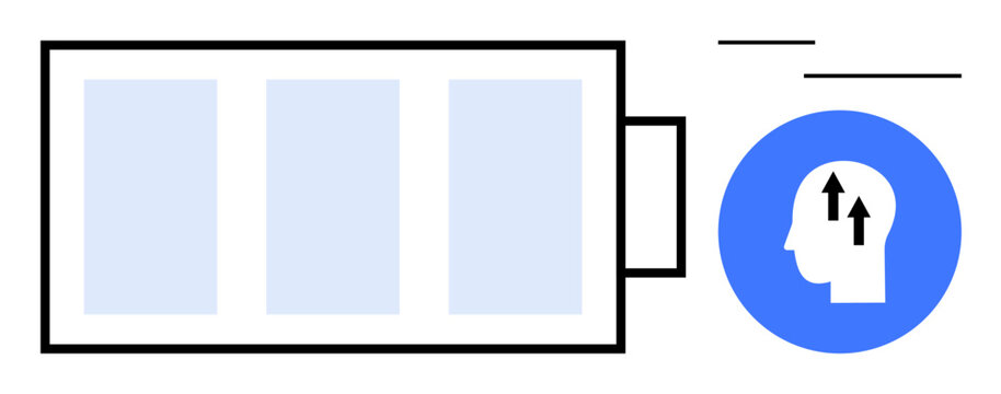 Energy management. Energy visuals with battery levels and cognition ideas for productivity optimization. Energy driving mental focus and efficiency. For wellness, motivation, apps, tech