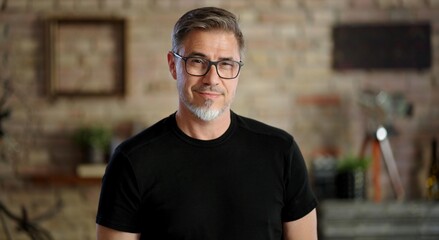 Happy middle aged good looking casual man at home, smiling. Portrait of mid adult, mature age man...