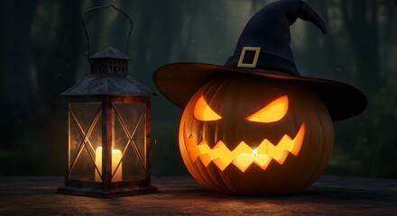 Halloween pumpkin with witch hat and lantern in spooky forest