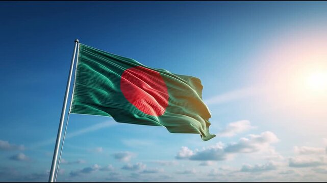 Flag of Bangladesh waiving, blue sky background	
