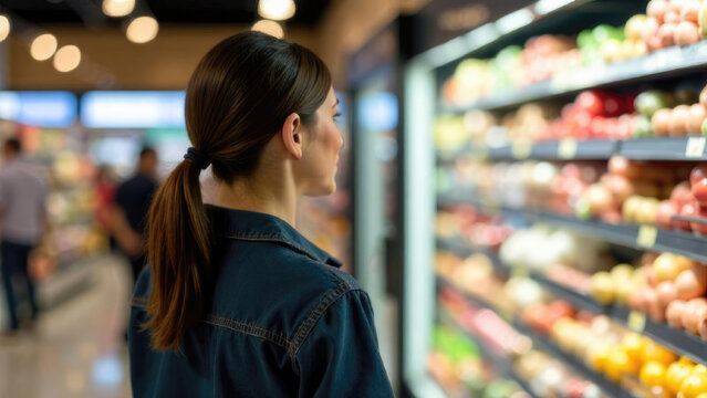 A brunette woman selects groceries in a supermarket with food shelves in the background. Marketing image for grocery product advertising and family shopping
