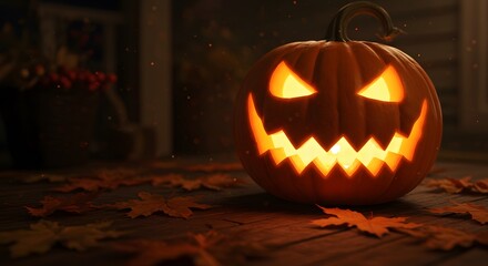 Jackolantern carved pumpkin with glowing eyes and mouth on porch