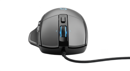 Ergonomic Wired Gaming Computer Mouse with Blue LED Accent, Isolated PNG on Transparent Background