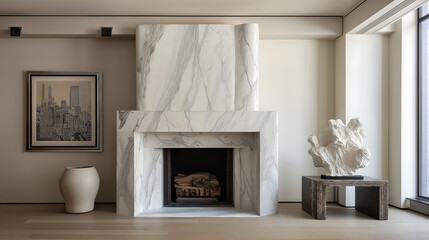 Naklejka premium A fireplace framed in white marble with a sculptural art piece displayed above.