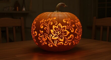 Ornate carved pumpkin with warm light on a wooden table
