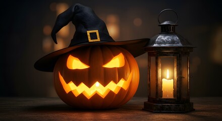 Scary jack o lantern with witch hat and candle lantern at night