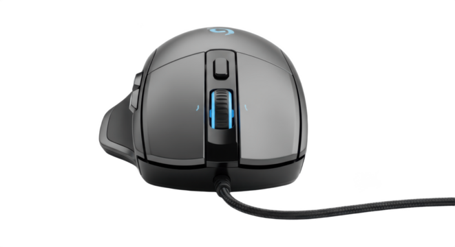 Ergonomic Wired Gaming Computer Mouse with Blue LED Accent, Isolated PNG on Transparent Background