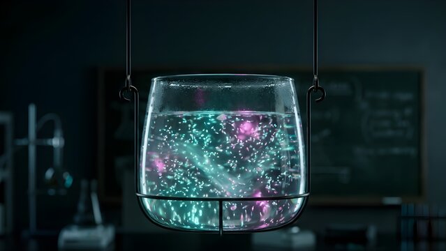 Floating bioluminescent micro-algae terrarium suspended in a minimalist glass lab, soft teal and magenta glow, dark moody background, macro detail, scientific elegance