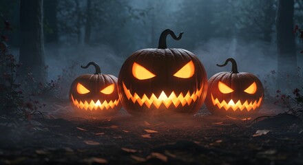 Three glowing jackolanterns in a dark, foggy forest at night