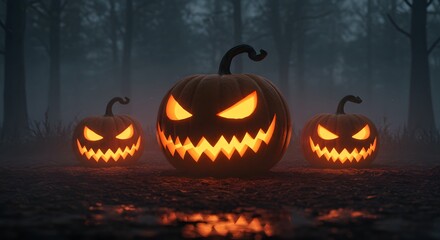 Three carved halloween pumpkins with scary faces in a dark forest