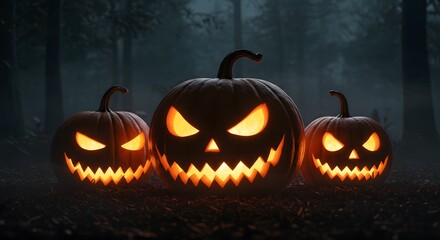 Three glowing jackolanterns in a dark, foggy forest at night