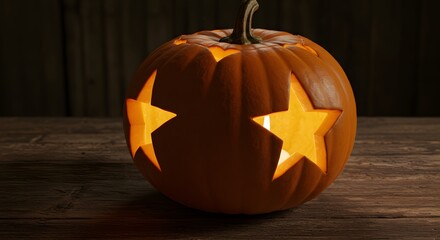 A carved halloween pumpkin with star shapes glowing from within