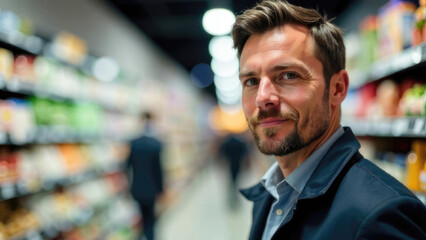 Obraz premium Portrait of a European man against a supermarket background with carts and shelves. Marketing image for retail advertising and family shopping