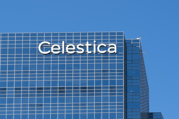 Fototapeta premium Toronto, Canada - September 28, 2025: Celestica sign on the building in Toronto, Canada. Celestica is a Canadian design, manufacturing, and supply chain electronics manufacturing services company. 