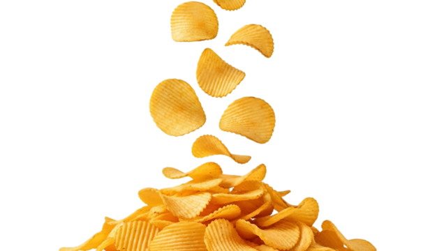 Close-up shot of golden potato chips falling onto a pile, isolated on white background.
