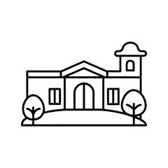 Outlined drawing of a building with trees nearby on transparent background