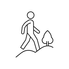 Stick figure walking on hill with tree in black outline on transparent background