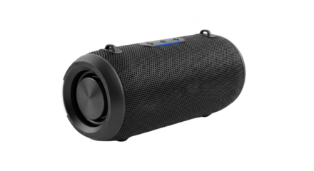 Cylindrical Black Portable Bluetooth Speaker for Outdoor Use, Isolated PNG on Transparent Background