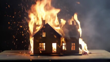 A wooden model house is consumed by flames, engulfed in orange fire and billowing smoke against a dark backdrop