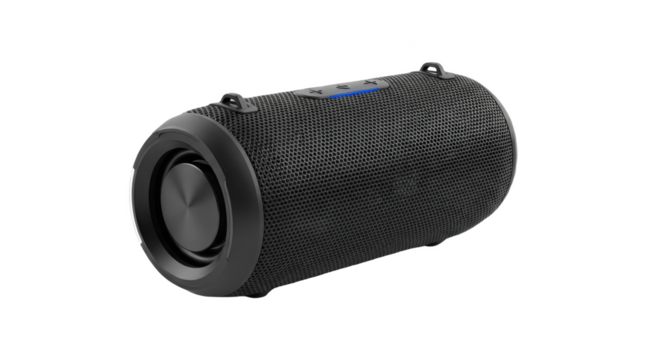 Cylindrical Black Portable Bluetooth Speaker for Outdoor Use, Isolated PNG on Transparent Background