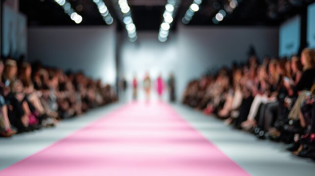 Fashion Runway With a Focus on Vibrant Floral Themes Presented on a Matte Table With Blurred Audience