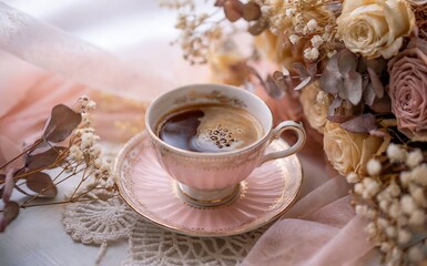 Vintage pink porcelain coffee cup with dried roses, antique gold tea set on lace, romantic morning breakfast, cozy floral background, soft pastel aesthetic, elegant ceramic mug, still life art.
