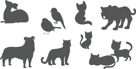 Animal Silhouette Vector Set – Dog, Cat, Bird, Tiger & Pet Icons | High-Quality Graphic Illustration