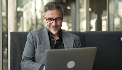 Businessman sitting on couch working with laptop computer in office lobby. Portrait of happy middle aged man in business casual, smiling.